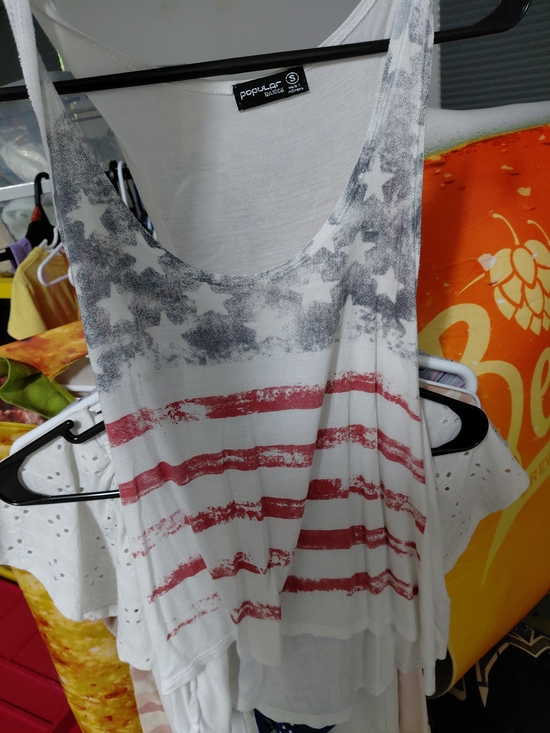 Popular Basics Tops - Popular Basics White Tank Top with Distressed Red Stripes and Gray Star Print